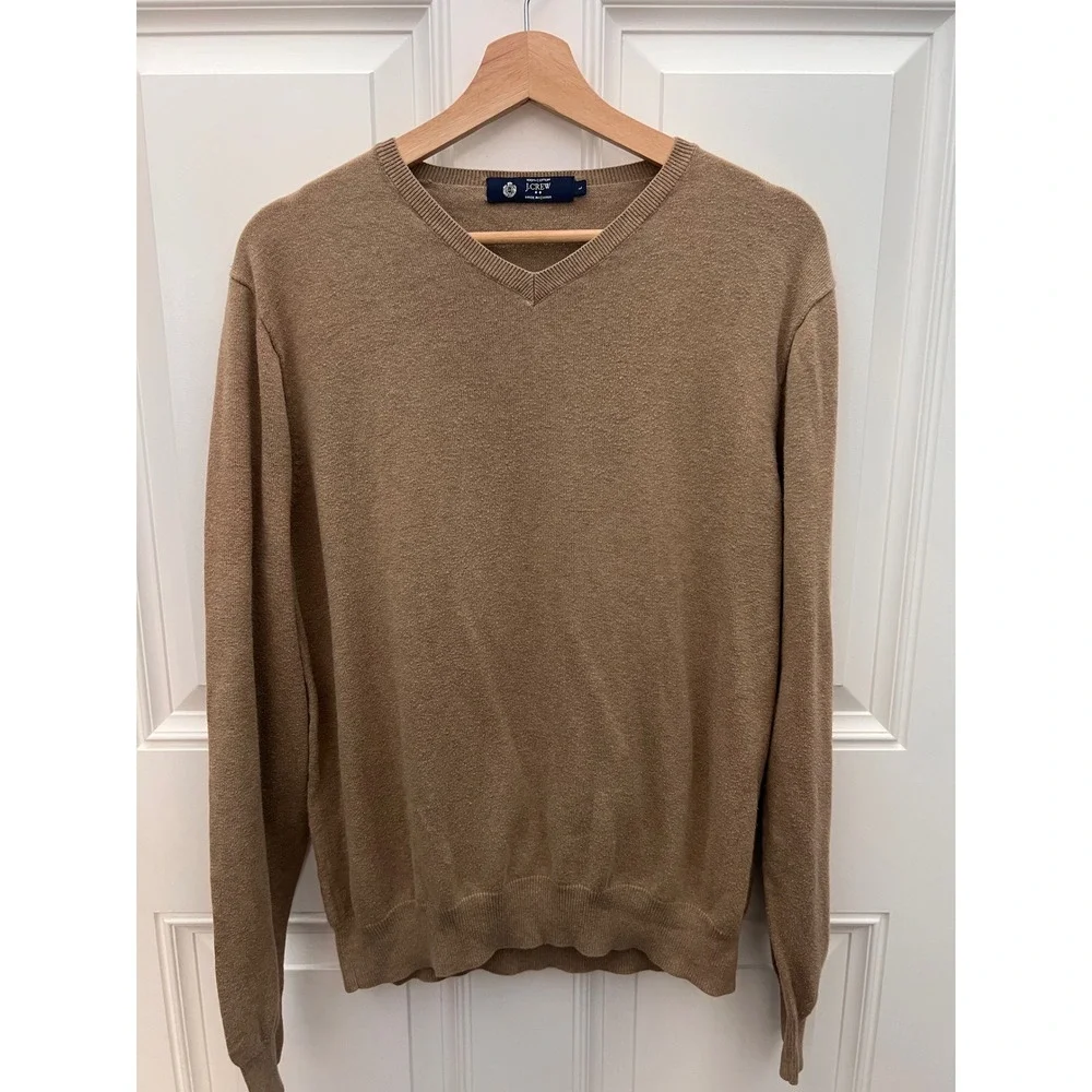 J. Crew Mens V-Neck Sweater Tan Brown 100% Cotton Knit Pullover Large L